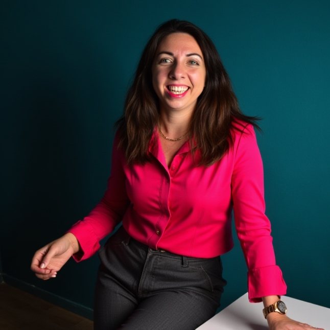 Alexia Leachman in a pink shirt against a teal wall, laughing